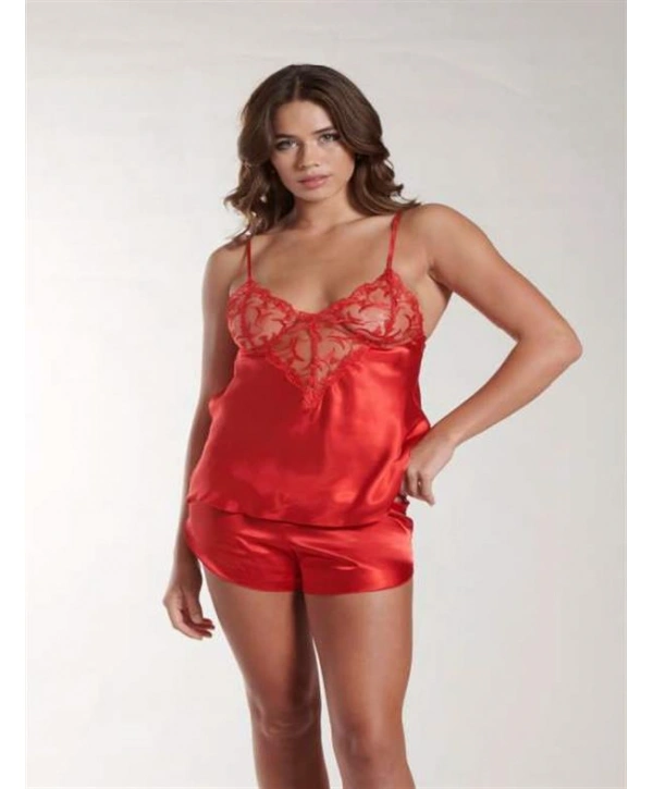 Morliva Kırmızı Dantel Detaylı İnce Askılı Saten Şortlu Takım