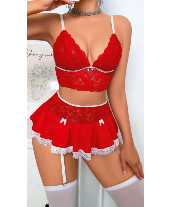 Morliva Kırmızı Dantel İşlemeli Büstiyerli Etekli Fantezi Kostüm