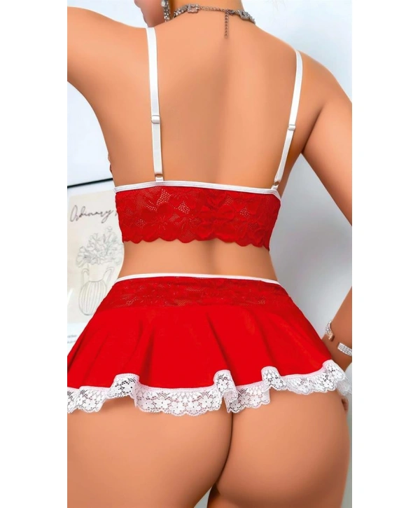 Morliva Kırmızı Dantel İşlemeli Büstiyerli Etekli Fantezi Kostüm
