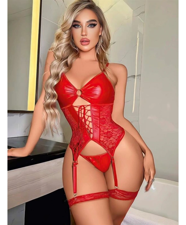 Morliva Kırmızı Dantel İşlemeli Büstiyerli Fantezi Deri Jartiyer Takımı