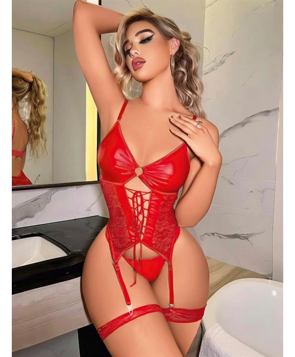Morliva Kırmızı Dantel İşlemeli Büstiyerli Fantezi Deri Jartiyer Takımı