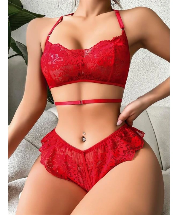 Morliva Kırmızı Dantel İşlemeli Fantezi Şık Sütyen Külot Takımı