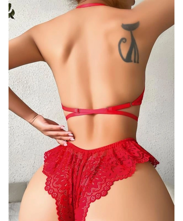 Morliva Kırmızı Dantel İşlemeli Fantezi Şık Sütyen Külot Takımı