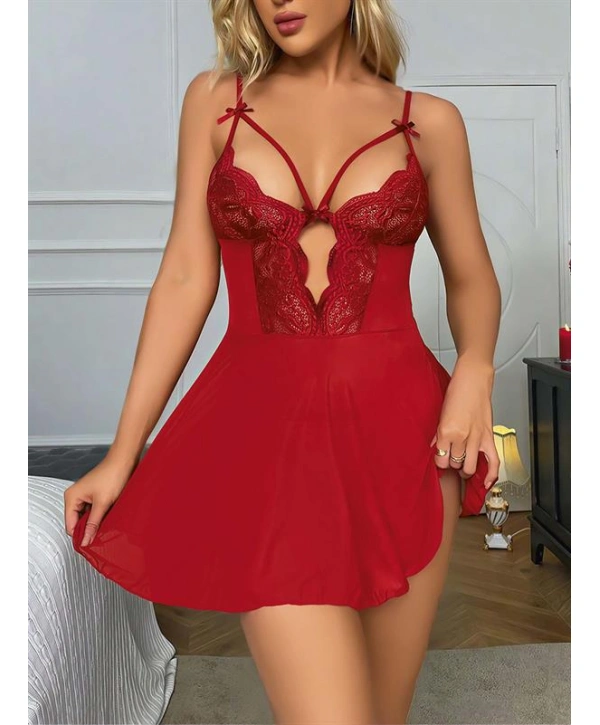 Morliva Kırmızı Dantel İşlemeli Göğüs İp Detaylı Fantezi Tül Gecelik Takımı