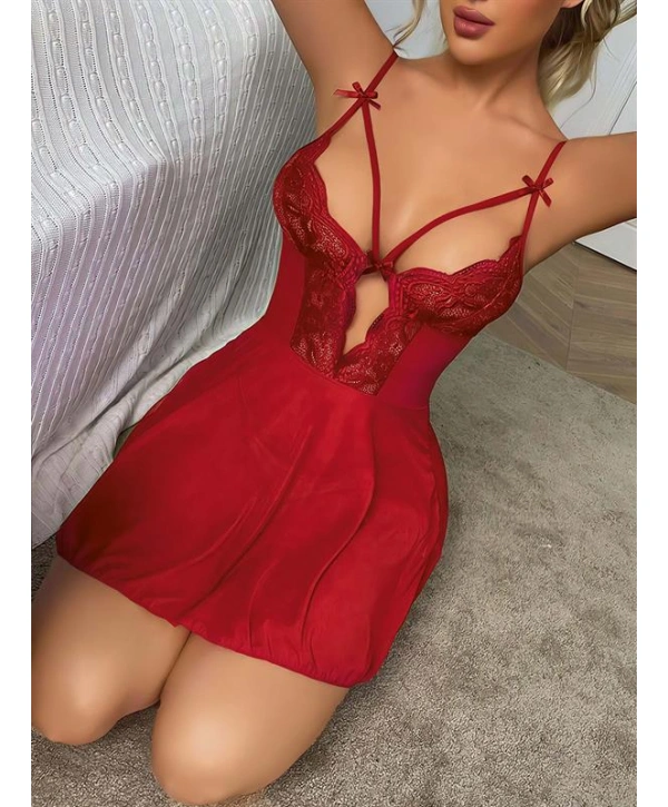 Morliva Kırmızı Dantel İşlemeli Göğüs İp Detaylı Fantezi Tül Gecelik Takımı