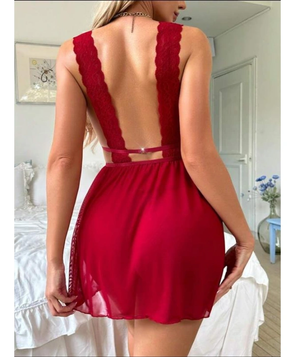 Kırmızı Dantel İşlemeli Tül Fantezi Gecelik