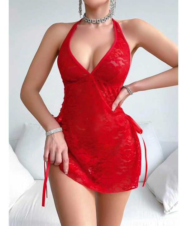 Morliva Kırmızı Dantel İşlemeli Yandan Bağlamalı Fantezi Tül Gecelik