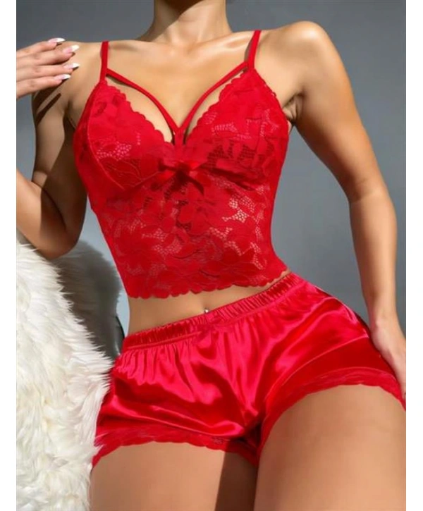 Morliva  Kırmızı Dantelli Büstiyer İnce Askılı Saten Şortlu Takım
