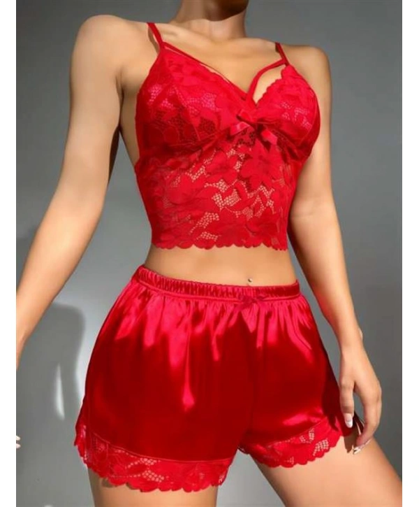 Morliva  Kırmızı Dantelli Büstiyer İnce Askılı Saten Şortlu Takım