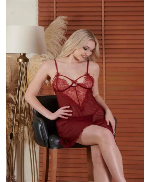 Morliva  Kırmızı Dantelli Göğüs Çapraz İpli Transparan Tül Fantezi Gecelik