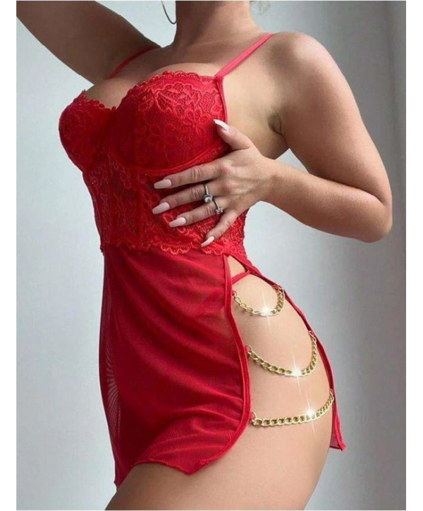 Arias Closet Kırmızı Dantelli Zincir Detaylı Tül Fantezi Gecelik