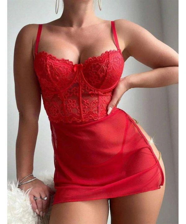 Arias Closet Kırmızı Dantelli Zincir Detaylı Tül Fantezi Gecelik