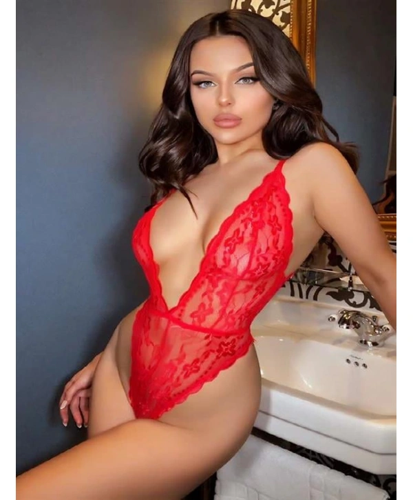 Morliva Kırmızı Dekolteli Dantelli Fantezi Askılı Babydoll