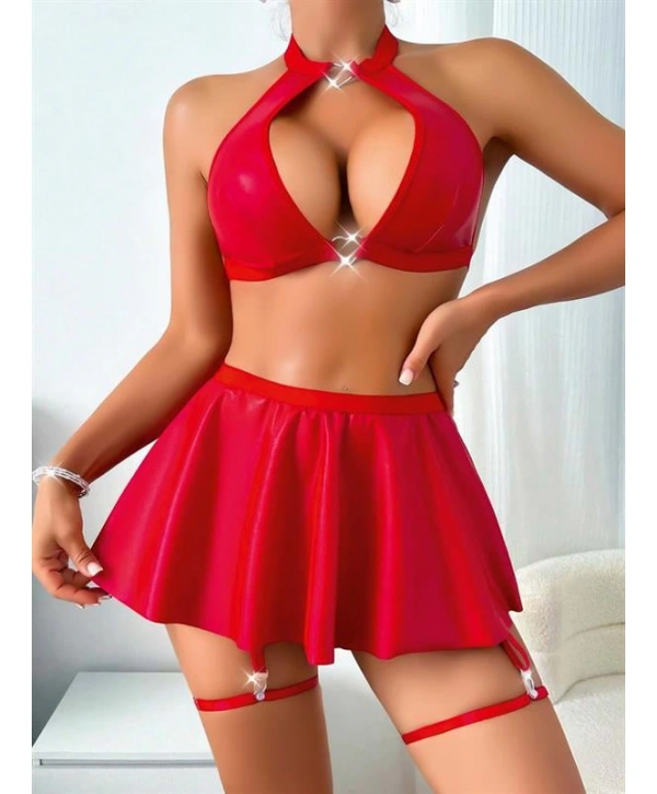 Morliva  Kırmızı Dekolteli Etekli Boyundan Bağlamalı Fantezi Parlak Deri Kostüm