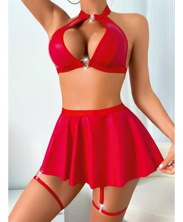 Morliva  Kırmızı Dekolteli Etekli Boyundan Bağlamalı Fantezi Parlak Deri Kostüm