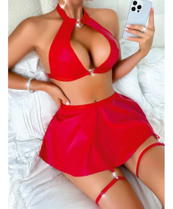 Morliva  Kırmızı Dekolteli Etekli Boyundan Bağlamalı Fantezi Parlak Deri Kostüm