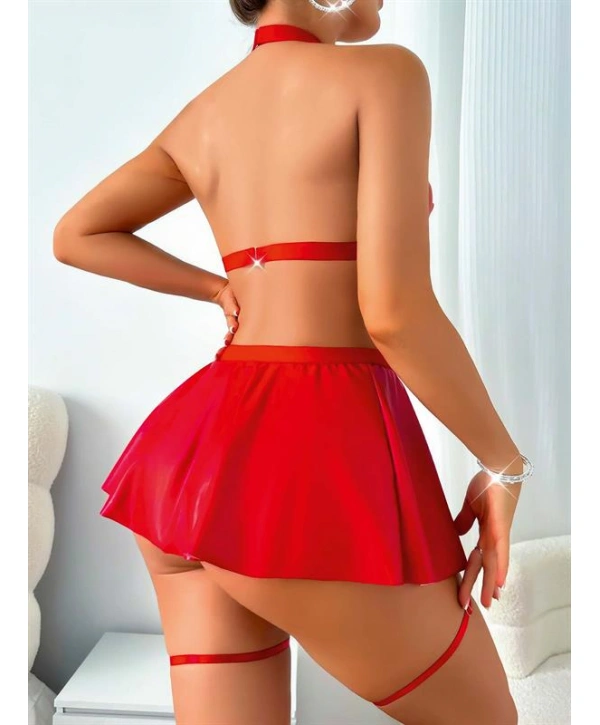 Morliva  Kırmızı Dekolteli Etekli Boyundan Bağlamalı Fantezi Parlak Deri Kostüm
