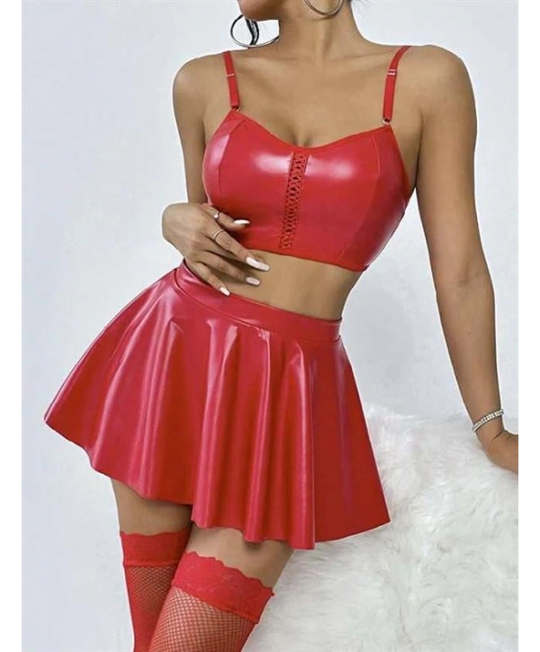 Morliva Kırmızı Etekli Fantezi Deri Şık Elbise