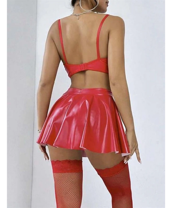 Morliva Kırmızı Etekli Fantezi Deri Şık Elbise