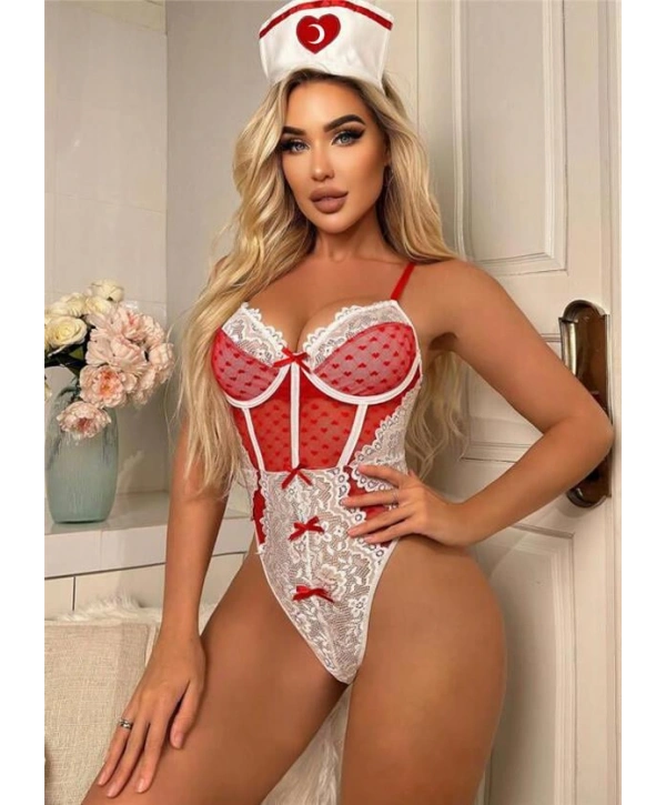 Morliva Kırmızı Fantezi Body Hemşire Kostümü