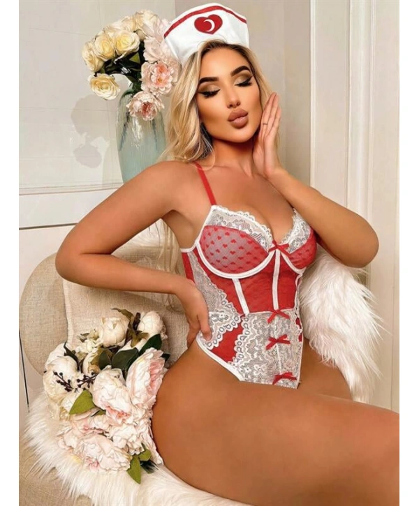 Morliva Kırmızı Fantezi Body Hemşire Kostümü