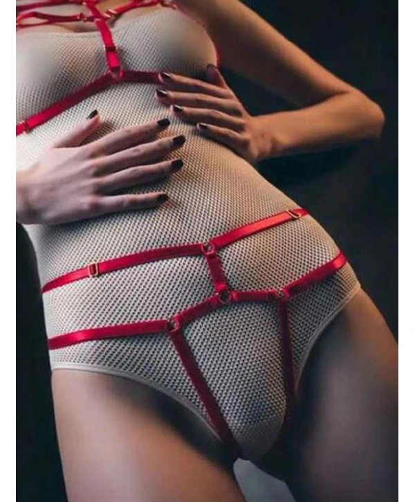 Morliva  Kırmızı Fantezi Deri Sütyen Külot Harness