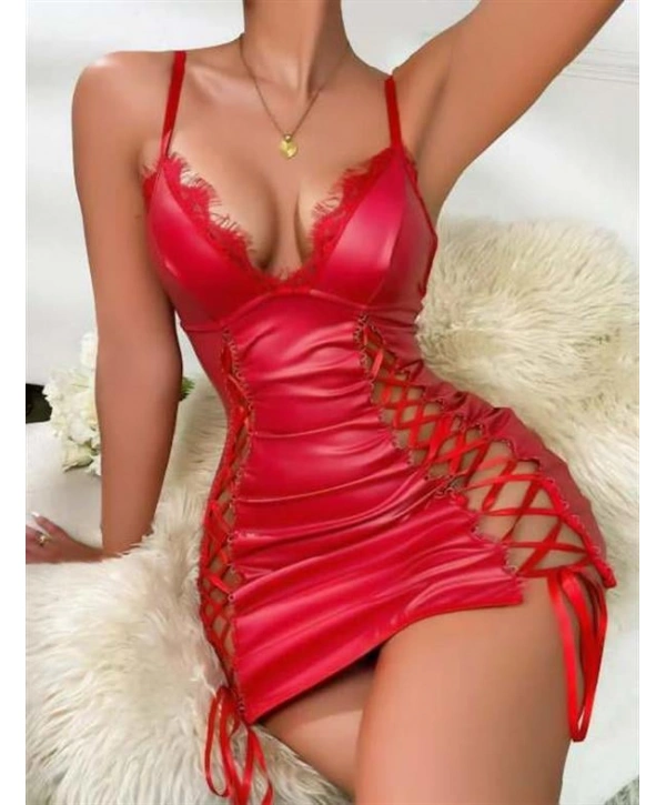 Morliva Kırmızı Fantezi İp Detaylı Deri Şık Elbise