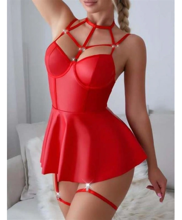 Arias Closet Kırmızı Fantezi Parlak Deri Şık Club Elbise