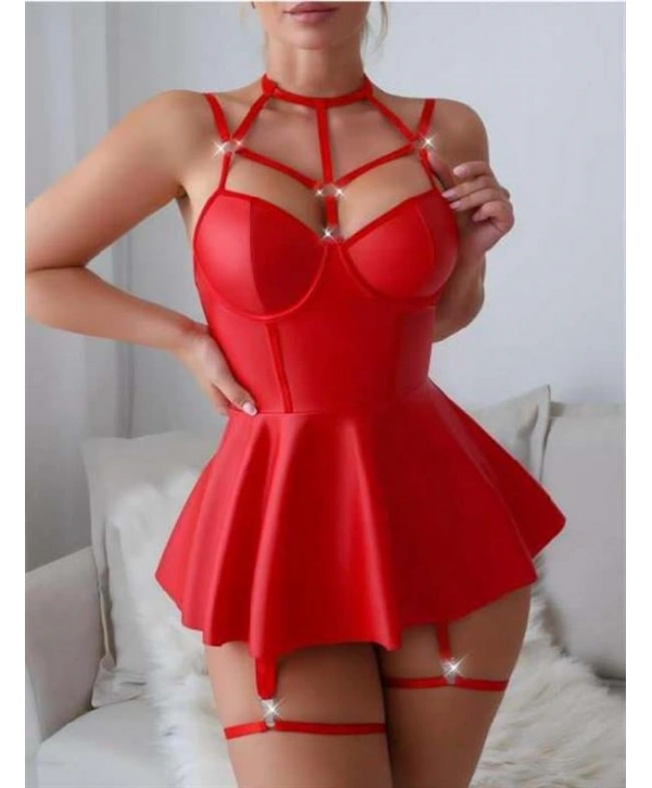 Arias Closet Kırmızı Fantezi Parlak Deri Şık Club Elbise