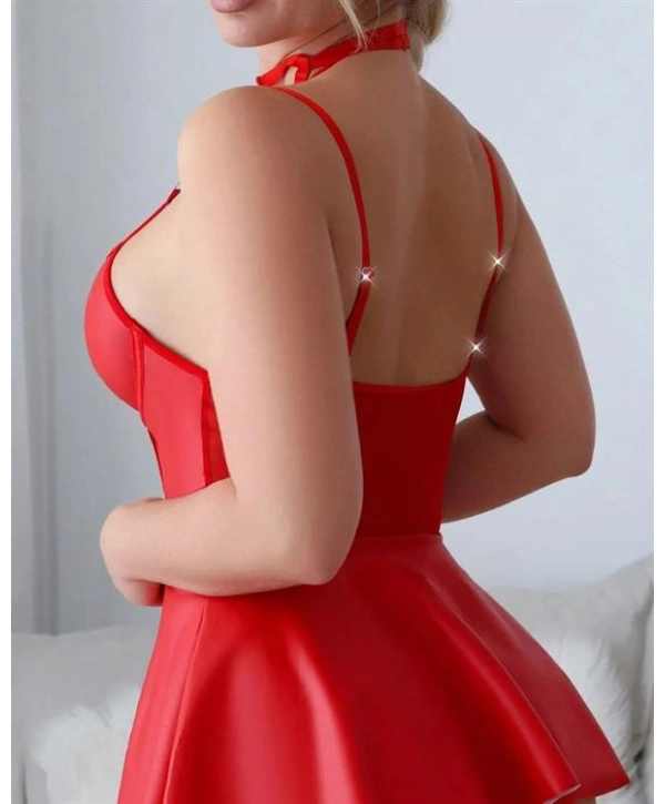 Arias Closet Kırmızı Fantezi Parlak Deri Şık Club Elbise