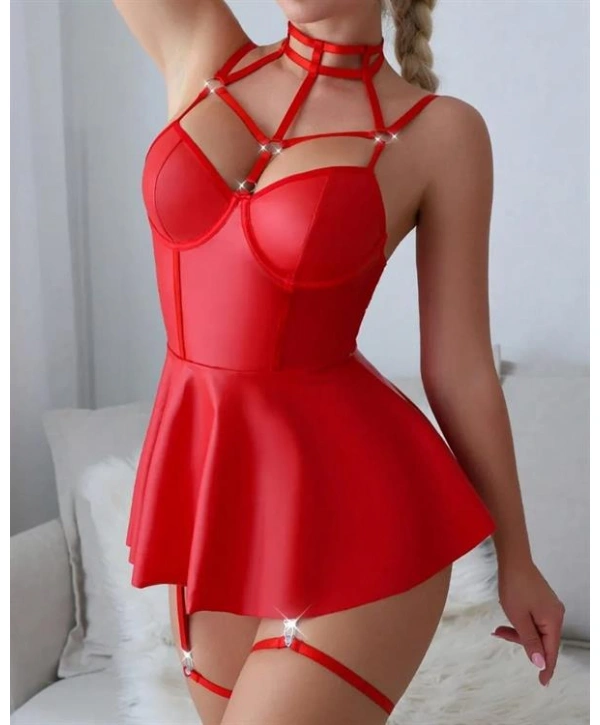 Arias Closet Kırmızı Fantezi Parlak Deri Şık Club Elbise