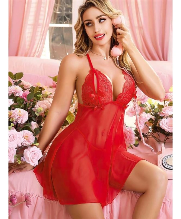 Kırmızı Fantezi Sırt Dekolteli Gecelik Takımı