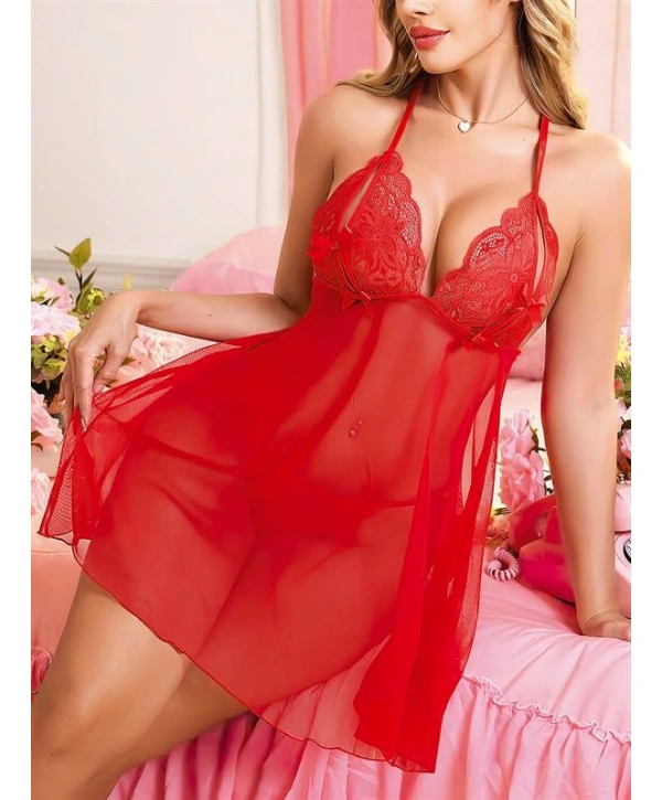 Kırmızı Fantezi Sırt Dekolteli Gecelik Takımı