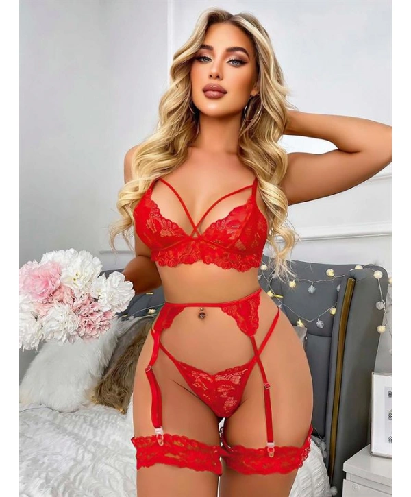 Morliva Kırmızı Göğüs İp Detaylı Dantel İşlemeli Fantezi Jartiyer Takımı
