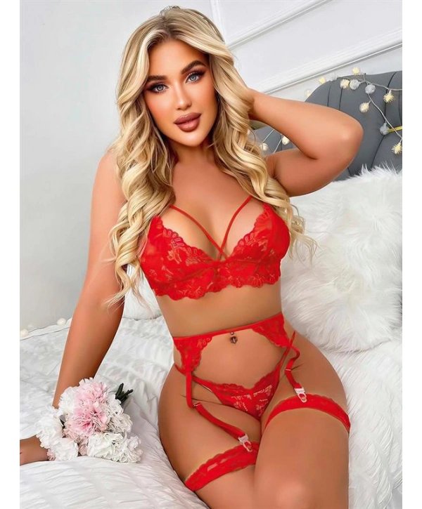 Morliva Kırmızı Göğüs İp Detaylı Dantel İşlemeli Fantezi Jartiyer Takımı