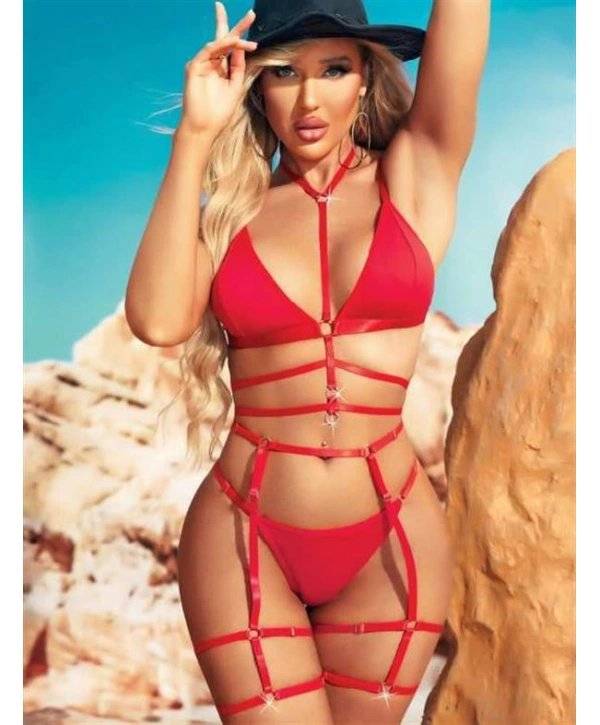 Morliva  Kırmızı İp Aksesuarlı Fantezi Jartiyer Takım