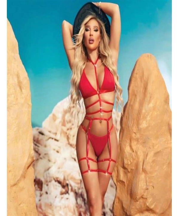 Morliva  Kırmızı İp Aksesuarlı Fantezi Jartiyer Takım