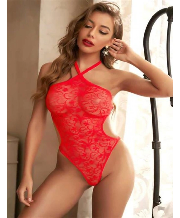 Morliva Kırmızı İp Detaylı Boyundan Bağlamalı Fantezi Babydoll