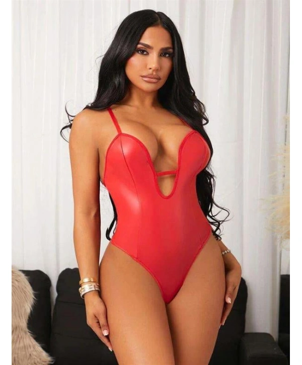 Morliva Kırmızı İp Detaylı Deri Fantezi Babydoll