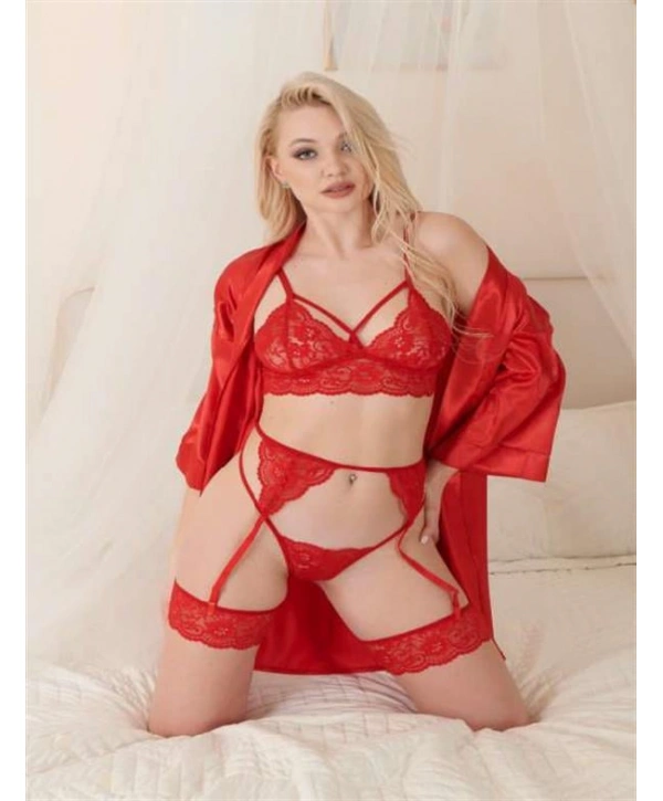 Morliva Kırmızı Jartiyerli Saten 2li Fantezi Takım