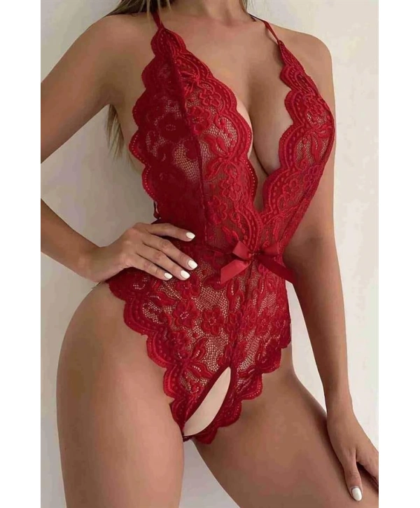 Kırmızı Özel Bölgesi Açık Fiyonklu Dantel Fantezi Body