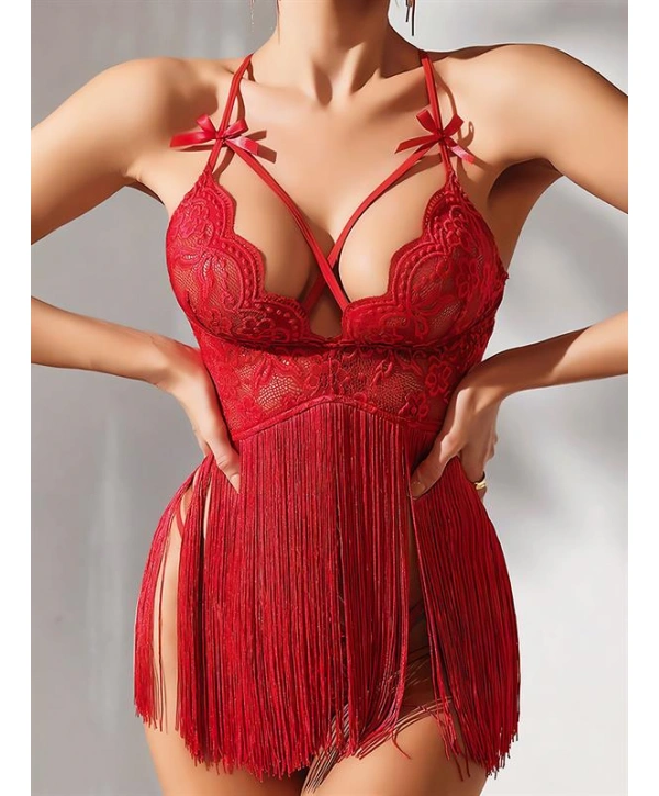 Morliva  Kırmızı Püsküllü Dantel Detaylı Fantezi Gecelik