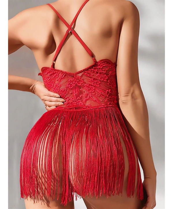 Morliva  Kırmızı Püsküllü Dantel Detaylı Fantezi Gecelik