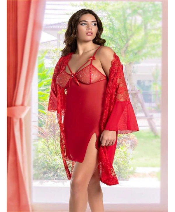 Morliva  Kırmızı Transparan Dantel İşlemeli Tül Yırtmaçlı 2li Gecelik Takımı
