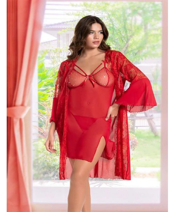 Morliva  Kırmızı Transparan Dantel İşlemeli Tül Yırtmaçlı 2li Gecelik Takımı