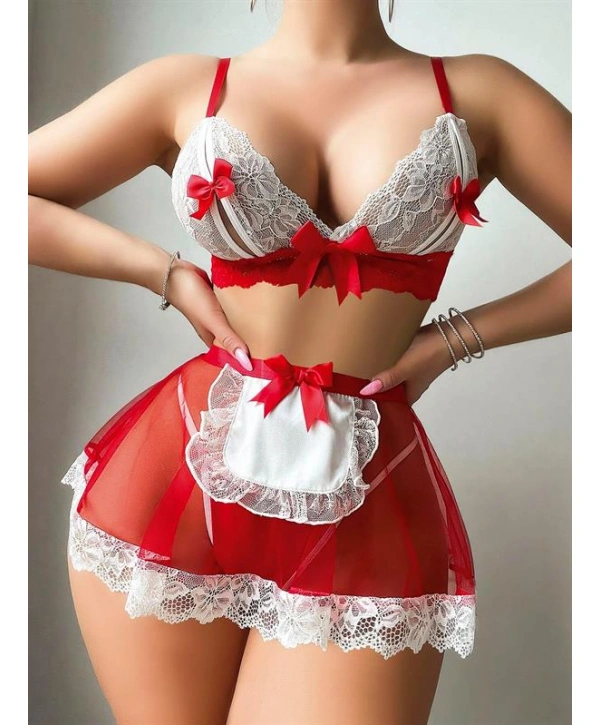 Kırmızı Tül Etekli Fantezi Hizmetçi Kostümü