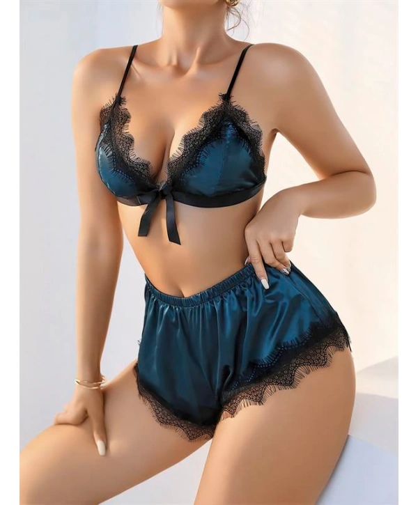 Morliva  Lacivert Dantel İşlemeli Desteksiz Sütyenli Saten Şortlu Takım