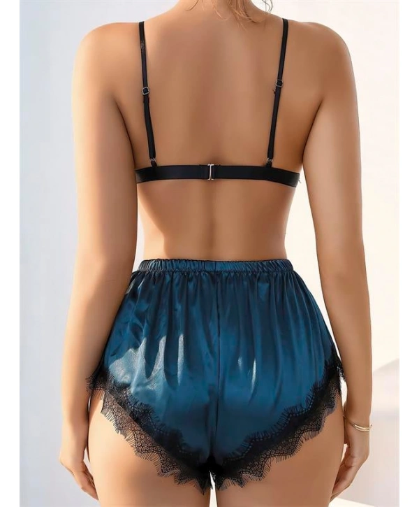 Morliva  Lacivert Dantel İşlemeli Desteksiz Sütyenli Saten Şortlu Takım