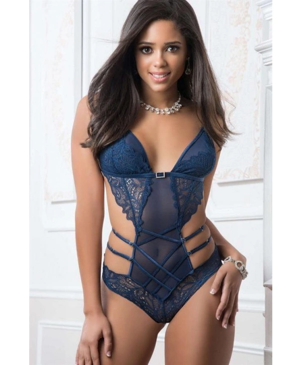 Morliva Lacivert Dantel İşlemeli Maskeli Fantezi Body