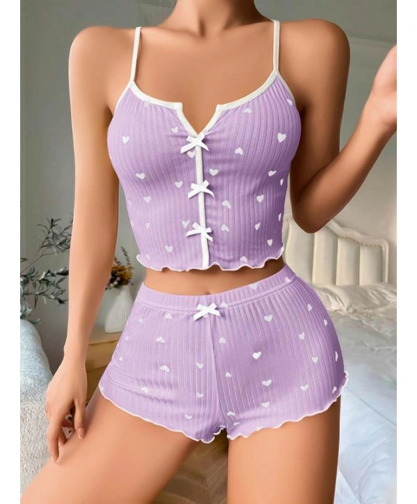 Morliva Lila Üstüne Beyaz Kalp Desenli Askılı Şortlu Pijama Takımı